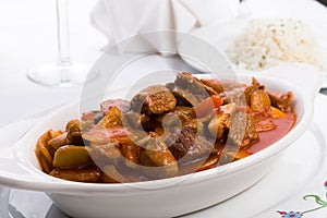 Beef Stew Served with Side White Rice Pilaf