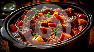 Beef Stew in a slow-cooker, ready to serve. Generative AI