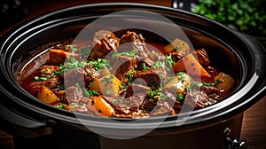 Beef Stew in a slow-cooker, ready to serve. Generative AI