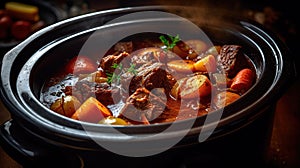 Beef Stew in a slow-cooker, ready to serve. Generative AI