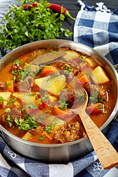 Beef stew with vegetables in pot photo