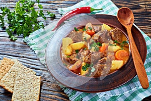 Beef stew with vegetables, top view photo