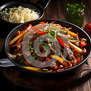 Beef stir fry with vegetables in a cast-iron frying pan