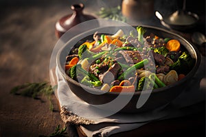 Beef stir fry with vegetables in a pan on a wooden table