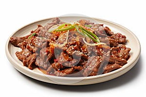 Beef stir fry with vegetables and sesame seeds on plate isolated on white