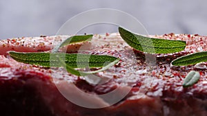 Beef strip loin steak in a frying pan