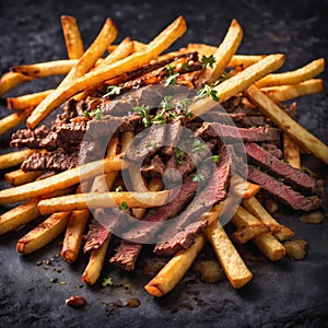 beef strips and french fries with a sprinkle of green parsley