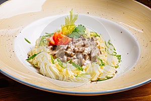 Beef Stroganoff with mashed potatoes.