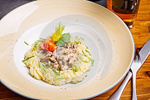 Beef Stroganoff with mashed potatoes.