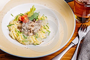 Beef Stroganoff with mashed potatoes.