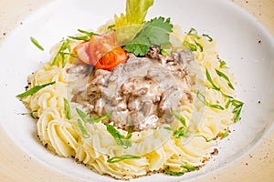 Beef Stroganoff with mashed potatoes.