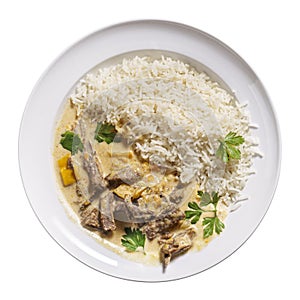 Beef Stroganoff with rice on plate isolated above