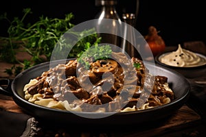 Beef Stroganoff On Stone In Rustic Pub