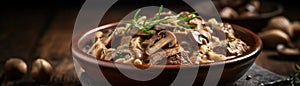 Beef Stroganoff On Stone Rustic Pub Wide Panoramic. Generative AI