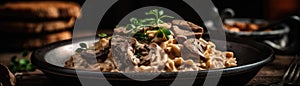 Beef Stroganoff On Stone Rustic Pub Wide Panoramic. Generative AI