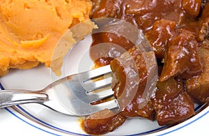 Beef and sweet potato TV dinner with fork