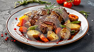 Beef tenderloin with baked potatoes and vegetables on a dark background.