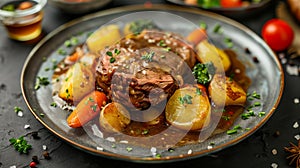 Beef tenderloin with potatoes and carrots. Toned.