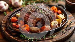 Beef tenderloin with vegetables, rustic style, selective focus.