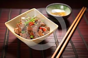 beef teriyaki with chopsticks and sake cup on bamboo mat