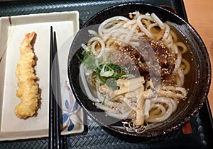 Beef Udon soup with shrimp tempura