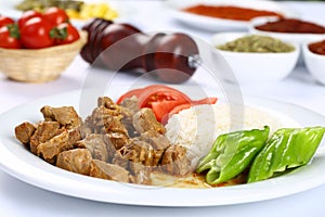 Beef and vegetable casserole served with rice