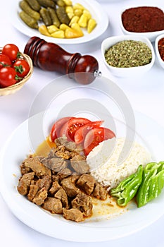 Beef and vegetable casserole served with rice