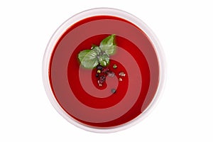 Beef and vegetables soup with tomato and dill. Ukrainian borscht isolated on a white background.