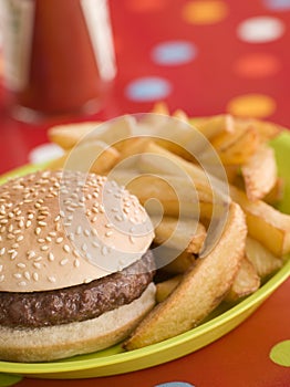 Beefburger in a Sesame Seed Bun with Chunky Chips