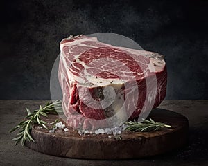 Beefsteak with blood on a wooden plate.