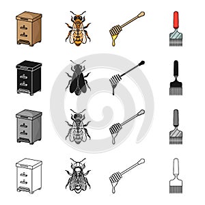 Beehive on an apiary, an insect of a bee, a dipper for honey, a scraper. Apiary set collection icons in cartoon black