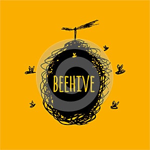 Beehive with bees, sketch, art for your design