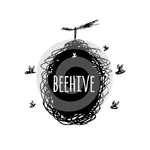 Beehive with bees, sketch, art for your design