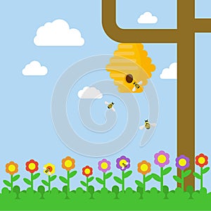 A beehive with bees on a tree. Field of flowers. Vector illustration