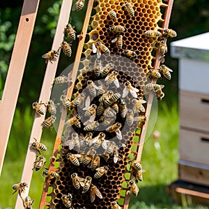 Beehive frames buzz with activity as bees work on honeycombs photo