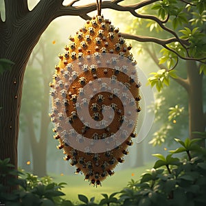 Beehive Hanging from Tree Branch