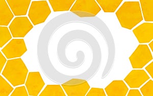 Beehive honeycomb horizontal background. Watercolor texture hexagon grid cells, yellow honey bees frame