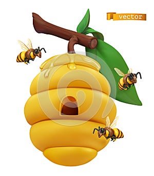 Beehive on tree branch and honey bees