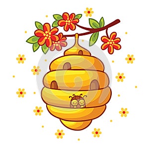 Beehive weighs on a branch with flowers.