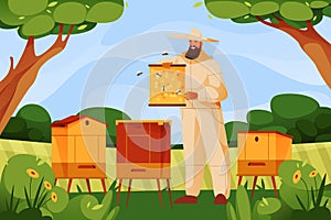 Beekeeper or apiarist, bee yard, vector banner