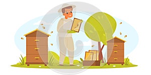 Beekeeper apiarist. Farmer man in protective clothing collects honey in apiary, hives with bees, healthy sweets, special