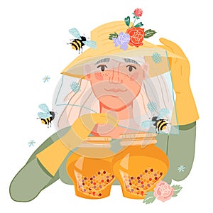 Beekeeper or apiarist female character with jar of honey, flat vector illustration isolated.