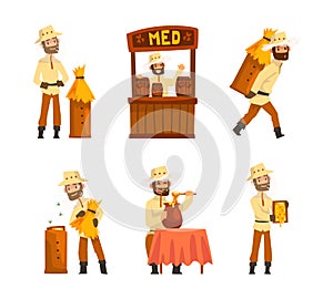 Beekeeper or Apiarist Gathering and Selling Honey Vector Set