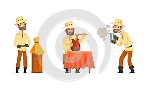 Beekeeper or Apiarist with Smoker and Beehive Vector Set