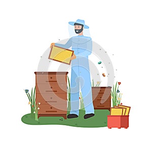 Beekeeper with Bess Colony and Box Apiarist Vector