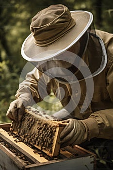Beekeeper checking a beehive AI generated