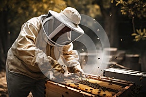 Beekeeper checking a beehive AI generated