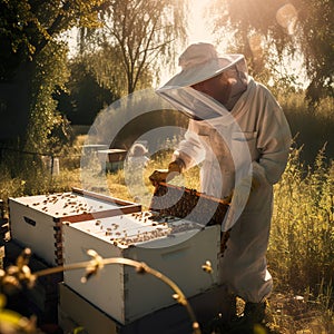 A beekeeper checking her hive. Wooden beehive with bees flying around in the setting sun.