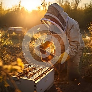 A beekeeper checking her hive. Wooden beehive with bees flying around in the setting sun.