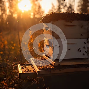 A beekeeper checking her hive. Wooden beehive with bees flying around in the setting sun.
